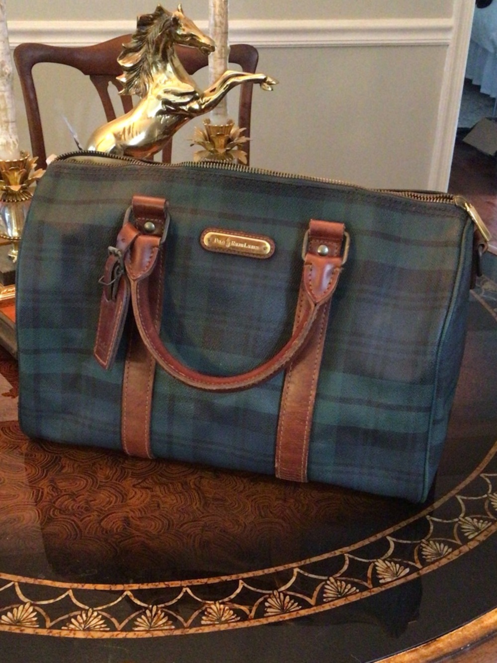 Vintage Polo Ralph Lauren Tartan Green Plaid Duffel with D Rings for strap.